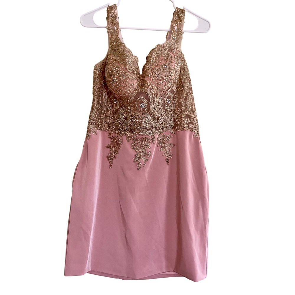 New Dancing Queen Pink Gold Lace Rhinestone Cocktail Dress XXL Prom Homecoming - Picture 2 of 16
